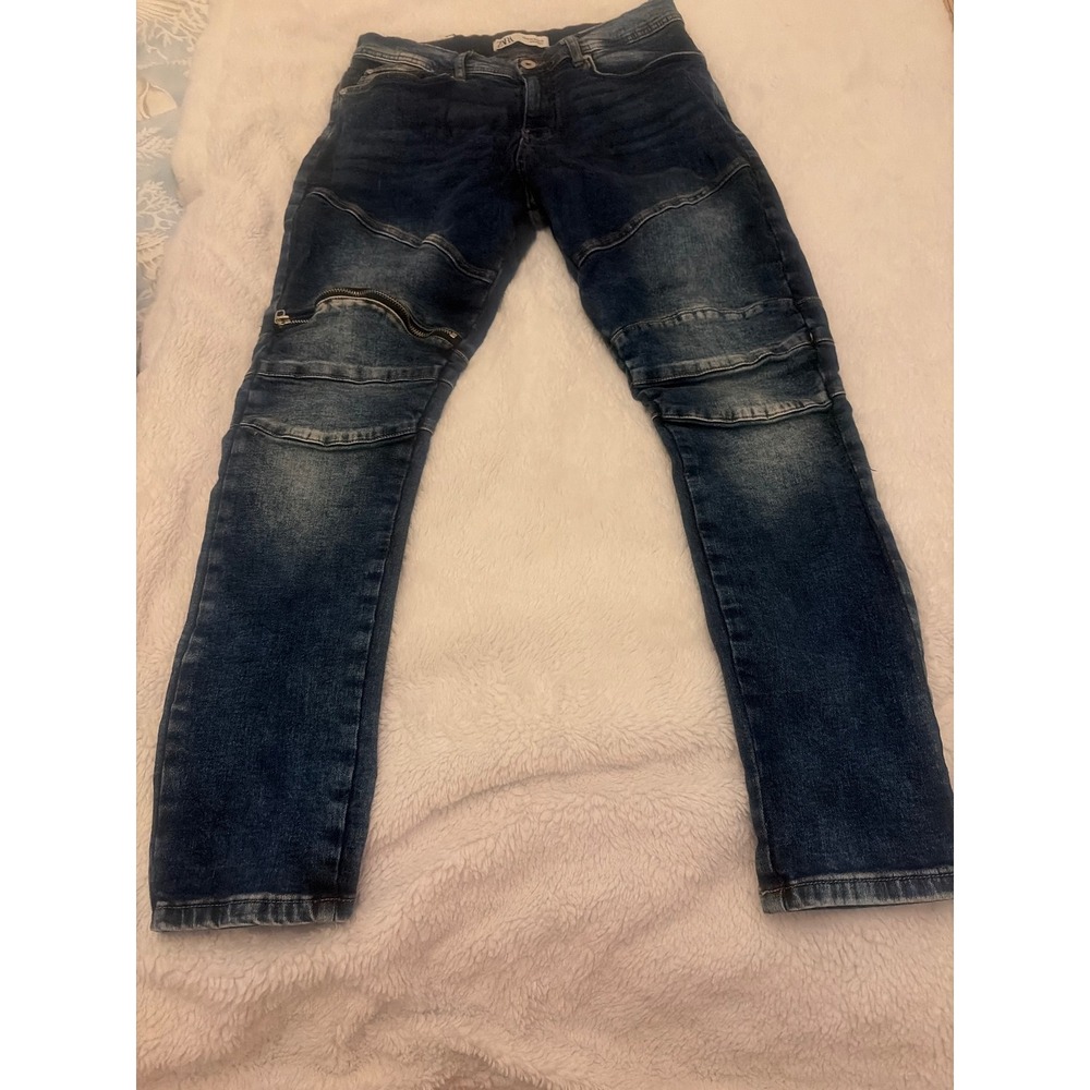 Retro skinny Zara Man Moto Biker Jeans Dark Wash Blue Ribbed Knee Zipper Size 32